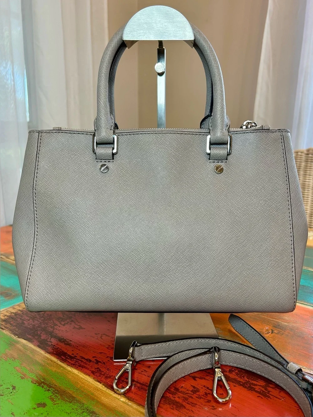Michael Kors Small Sutton Saffiano Leather Satchel Bag Pearl Grey EUC